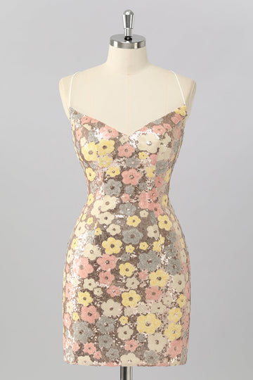 Yellow Floral Sequin Bodycon Mini Homecoming Dress